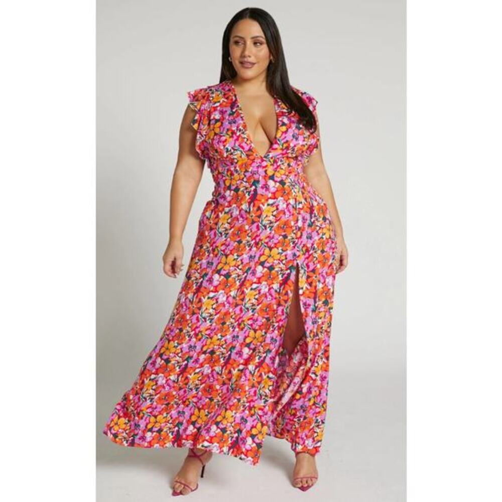 Showpo Dyliah Thigh Split Frill Shoulder Plunge Neck Maxi Dress Spring Floral 16